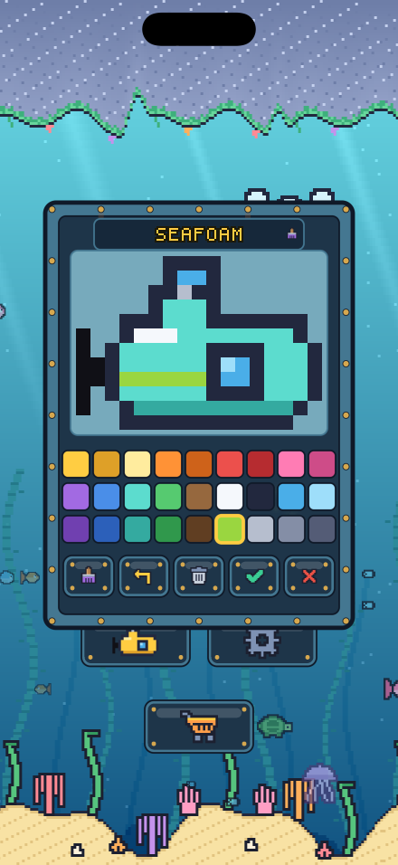 The sub designer: a hand-drawn cyan submarine on a pixel grid, above three rows of colour swatches and the brush, fill, undo, save and cancel tools.