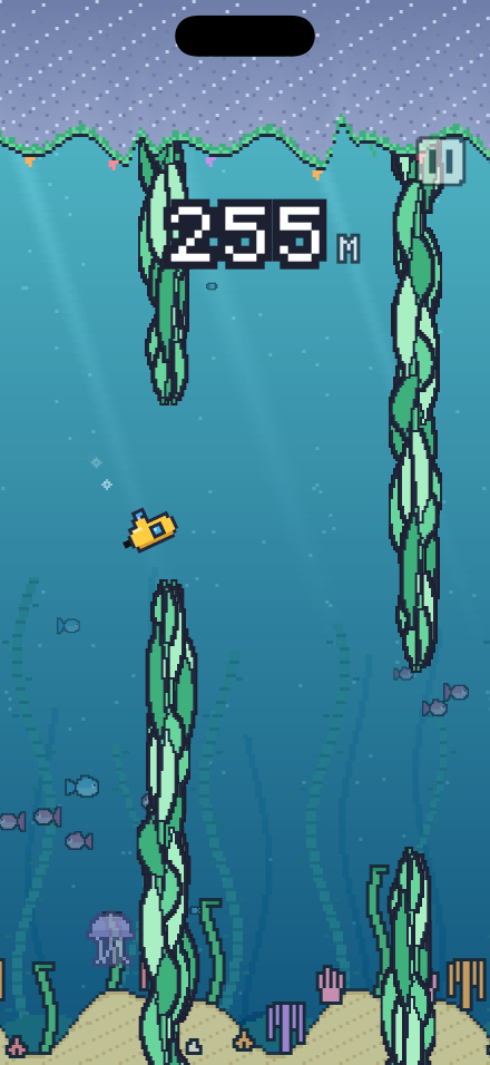 Diving at 255 metres, the yellow submarine threading the gap between two kelp plants.