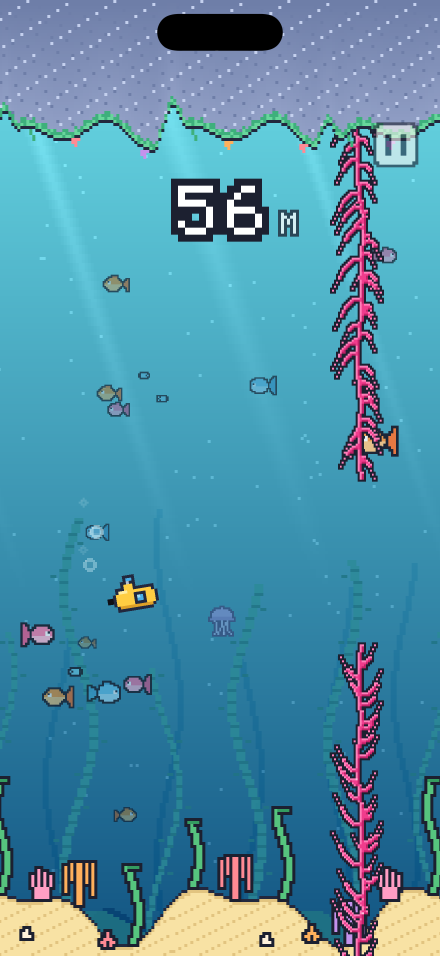 The reef: the yellow submarine among coral under a sunlit cave roof.