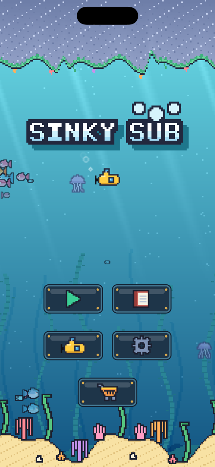 The Sinky Sub title screen: the yellow submarine bobbing beneath the logo, over a kelp bed.